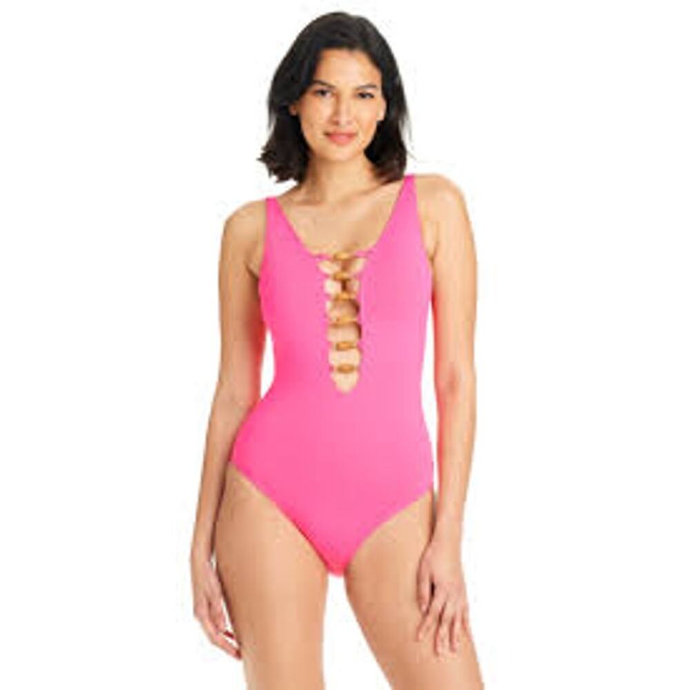 Bleu rod beattie Kore Low Neck Lace Down 1 peice swimsuit, Pink 4 - Picture 2 of 9